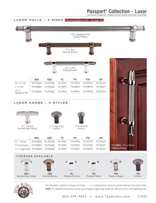 F I N I S H E S A V A I L A B L E
BSN GBZ PC PN PTA UM
3¾” cc Pull TK197BSN TK197GBZ TK197PC TK197PN TK197PTA TK197UM
5” cc Pull TK198BSN TK198GBZ TK198PC TK198PN TK198PTA TK198UM
12” cc
Appliance Pull
TK199BSN TK199GBZ TK199PC TK199PN TK199PTA TK199UM
BSN GBZ PC PN PTA UM
2½” T-Knob TK194BSN TK194GBZ TK194PC TK194PN TK194PTA TK194UM
7
∕8" Small Knob TK195BSN TK195GBZ TK195PC TK195PN TK195PTA TK195UM
1¼" Large Knob TK196BSN TK196GBZ TK196PC TK196PN TK196PTA TK196UM
L U X O R P U L L S ~ 3 S I Z E S Matching Appliance Pulls - see page 152
L U X O R K N O B S ~ 3 S T Y L E S
PN
Polished Nickel
PTA
Pewter Antique
12" cc Appliance Pull
Pewter Antique
5" cc Pull
German Bronze
3¾" cc Pull
Polished Nickel
UM
Umbrio
PC
Polished Chrome
GBZ
German Bronze
BSN
Brushed Satin Nickel
2½” T-Knob
Brushed Satin Nickel
1¼" Large Knob
Umbrio
7
∕8" Small Knob
Umbrio
TK198PN - 5" cc Pull in
Polished Nickel
Passport®
Collection - Luxor
	 US Patents D680,407; D680,413; D679,982; D679,981; D679,985
Part Number is specific to shape and finish. cc = measurement center-to-center between the screw holes.
NOTE: For detailed dimensions such as overall length, height, base width, etc. see price list or visitTopKnobs.com.
8 0 0 - 4 9 9 - 9 0 9 5 • w w w. To p K n o b s . c o m [ 1 0 9 ]
 