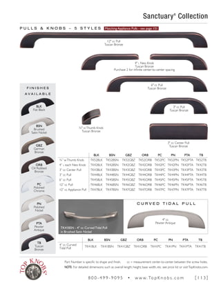 F I N I S H E S
A V A I L A B L E
BLK BSN GBZ ORB PC PN PTA TB
¾” wThumb Knob TK52BLK TK52BSN TK52GBZ TK52ORB TK52PC TK52PN TK52PTA TK52TB
4” l each Neo Knob TK42BLK TK42BSN TK42GBZ TK42ORB TK42PC TK42PN TK42PTA TK42TB
3” cc Center Pull TK43BLK TK43BSN TK43GBZ TK43ORB TK43PC TK43PN TK43PTA TK43TB
3” cc Pull TK44BLK TK44BSN TK44GBZ TK44ORB TK44PC TK44PN TK44PTA TK44TB
6” cc Pull TK45BLK TK45BSN TK45GBZ TK45ORB TK45PC TK45PN TK45PTA TK45TB
12” cc Pull TK46BLK TK46BSN TK46GBZ TK46ORB TK46PC TK46PN TK46PTA TK46TB
12” cc Appliance Pull TK47BLK TK47BSN TK47GBZ TK47ORB TK47PC TK47PN TK47PTA TK47TB
BLK BSN GBZ ORB PC PN PTA TB
4” cc Curved
Tidal Pull
TK41BLK TK41BSN TK41GBZ TK41ORB TK41PC TK41PN TK41PTA TK41TB
Sanctuary®
Collection
P U L L S & K N O B S ~ 5 S T Y L E S Matching Appliance Pulls - see page 151
BLK
Flat Black
BSN
Brushed
Satin Nickel
GBZ
German
Bronze
ORB
Oil Rubbed
Bronze
PC
Polished
Chrome
PN
Polished
Nickel
PTA
Pewter
Antique
TB
Tuscan
Bronze
C U R V E D T I D A L P U L L
TK41BSN - 4" cc Curved Tidal Pull
in Brushed Satin Nickel
12" cc Pull
Tuscan Bronze
6" cc Pull
Tuscan Bronze
4" cc
Pewter Antique
3" cc Pull
Tuscan Bronze
3" cc Center Pull
Tuscan Bronze
¾" w Thumb Knob
Tuscan Bronze
4" l Neo Knob
Tuscan Bronze
Purchase 2 for infinite center-to-center spacing
Part Number is specific to shape and finish. cc = measurement center-to-center between the screw holes.
NOTE: For detailed dimensions such as overall length, height, base width, etc. see price list or visitTopKnobs.com.
8 0 0 - 4 9 9 - 9 0 9 5 • w w w. To p K n o b s . c o m [ 1 1 3 ]
 