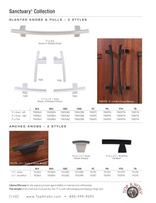 BLK BSN GBZ ORB PC PN PTA TB
1½" l Knob TK1BLK TK1BSN TK1GBZ TK1ORB TK1PC TK1PN TK1PTA TK1TB
2½" l Knob/Pull TK2BLK TK2BSN TK2GBZ TK2ORB TK2PC TK2PN TK2PTA TK2TB
BLK BSN GBZ ORB PC PN PTA TB
3" l Knob - left TK85BLK TK85BSN TK85GBZ TK85ORB TK85PC TK85PN TK85PTA TK85TB
3" l Knob - right TK84BLK TK84BSN TK84GBZ TK84ORB TK84PC TK84PN TK84PTA TK84TB
5" cc Pull TK83BLK TK83BSN TK83GBZ TK83ORB TK83PC TK83PN TK83PTA TK83TB
A R C H E D K N O B S ~ 2 S T Y L E S
3
∕8" w x 1½" l Knob
Pewter Antique
3
∕8" w x 2½" l Knob/Pull
Flat Black
1¼" w x 3" l Knob
Shown in Polished Chrome
5" cc Pull
Shown in Polished Nickel
S L A N T E D K N O B S & P U L L S ~ 2 S T Y L E S
TK1TB - 1½" l Knob in Tuscan Bronze
Sanctuary®
Collection
TK84
TK85
TK85
TK84
TK83TB - 5" cc Pull in Tuscan Bronze
[ 1 2 0 ] w w w. To p K n o b s . c o m • 8 0 0 - 4 9 9 - 9 0 9 5
Lifetime Warranty for the original purchaser against defects in materials and craftsmanship.
Free Samples of any knob and of any pull less than 7" cc, with a $5 packaging and shipping charge each.
 