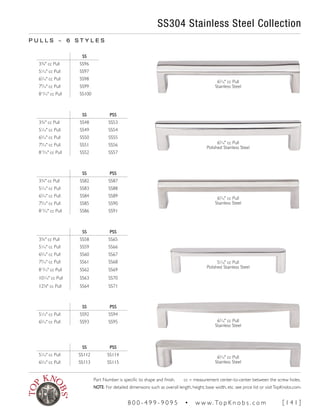 SS PSS
33/4" cc Pull SS48 SS53
51
∕16" cc Pull SS49 SS54
65
∕16" cc Pull SS50 SS55
79
∕16" cc Pull SS51 SS56
813
∕16" cc Pull SS52 SS57
SS PSS
33/4" cc Pull SS58 SS65
51
∕16" cc Pull SS59 SS66
65
∕16" cc Pull SS60 SS67
79
∕16" cc Pull SS61 SS68
813
∕16" cc Pull SS62 SS69
101
∕16" cc Pull SS63 SS70
125
∕8" cc Pull SS64 SS71
SS PSS
33/4" cc Pull SS82 SS87
51
∕16" cc Pull SS83 SS88
65
∕16" cc Pull SS84 SS89
79
∕16" cc Pull SS85 SS90
813
∕16" cc Pull SS86 SS91
SS
33/4" cc Pull SS96
51
∕16" cc Pull SS97
65
∕16" cc Pull SS98
79
∕16" cc Pull SS99
813
∕16" cc Pull SS100
SS PSS
51
∕16" cc Pull SS92 SS94
65
∕16" cc Pull SS93 SS95
SS PSS
51
∕16" cc Pull SS112 SS114
65
∕16" cc Pull SS113 SS115
SS304 Stainless Steel Collection
P U L L S ~ 6 S T Y L E S
65
∕16" cc Pull
Stainless Steel
65
∕16" cc Pull
Polished Stainless Steel
65
∕16" cc Pull
Stainless Steel
51
∕16" cc Pull
Polished Stainless Steel
65
∕16" cc Pull
Stainless Steel
65
∕16" cc Pull
Stainless Steel
Part Number is specific to shape and finish. cc = measurement center-to-center between the screw holes.
NOTE: For detailed dimensions such as overall length, height, base width, etc. see price list or visitTopKnobs.com.
8 0 0 - 4 9 9 - 9 0 9 5 • w w w. To p K n o b s . c o m [ 1 4 1 ]
 