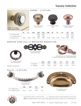 Tuscany Collection
K N O B S ~ 3 S T Y L E S
1¼" Contessa Knob
German Bronze
1¼" Cumberland Knob
Rust
N E W T O N R I N G P U L L & M A T C H I N G B A C K P L A T E
AC B1 BSN GBZ OEC ORB PB PC PN PTA RST
1¼" Contessa Knob – – – M200 M201 – – – – M198 M199
1¼" Cumberland Knob – – – M208 M209 – – – – M206 M207
1¼" Worden Knob M205 M405 M370 M204 M986 M750 M368 M369 M1305 M202 M203
M198 - 1¼" Contessa
Knob in Pewter Antique
3¾" w Mayfair Cup Pull
German Bronze
3¾" cc Salisbury Pull
Pewter Antique
GBZ OEC PTA RST
3¾" cc Salisbury Pull – – M214 –
3¾" w Mayfair Cup Pull M212 M213 M210 M211
P U L L S ~ 2 S T Y L E S
DAB GBZ OEC PTL PTA RST
1½" Ring Pull M176 M175 M220 M177 M173 M174
33
∕16" Backplate M181 M180 M222 M182 M178 M179
33
∕16" Newton Backplate
Dark Antique Brass
1½" Newton Ring Pull
Dark Antique Brass
1¼" Worden Egg Knob
Antique Copper
M220 & M222 - 33
∕16" Newton Backplate &
1½" Newton Ring Pull Knob in Old English Copper
Backplate sold separately.
Part Number is specific to shape and finish. cc = measurement center-to-center between the screw holes.
NOTE: For detailed dimensions such as overall length, height, base width, etc. see price list or visitTopKnobs.com.
8 0 0 - 4 9 9 - 9 0 9 5 • w w w. To p K n o b s . c o m [ 1 4 5 ]
 
