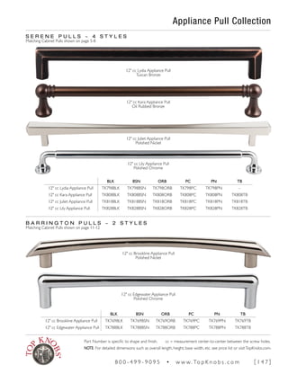 Appliance Pull Collection
BLK BSN ORB PC PN TB
12" cc Lydia Appliance Pull TK798BLK TK798BSN TK798ORB TK798PC TK798PN –
12" cc Kara Appliance Pull TK808BLK TK808BSN TK808ORB TK808PC TK808PN TK808TB
12" cc Juliet Appliance Pull TK818BLK TK818BSN TK818ORB TK818PC TK818PN TK818TB
12" cc Lily Appliance Pull TK828BLK TK828BSN TK828ORB TK828PC TK828PN TK828TB
S E R E N E P U L L S ~ 4 S T Y L E S
Matching Cabinet Pulls shown on page 5-8
BLK BSN ORB PC PN TB
12" cc Brookline Appliance Pull TK769BLK TK769BSN TK769ORB TK769PC TK769PN TK769TB
12" cc Edgewater Appliance Pull TK788BLK TK788BSN TK788ORB TK788PC TK788PN TK788TB
B A R R I N G T O N P U L L S ~ 2 S T Y L E S
Matching Cabinet Pulls shown on page 11-12
12" cc Lydia Appliance Pull
Tuscan Bronze
12" cc Brookline Appliance Pull
Polished Nickel
12" cc Edgewater Appliance Pull
Polished Chrome
12" cc Kara Appliance Pull
Oil Rubbed Bronze
12" cc Juliet Appliance Pull
Polished Nickel
12" cc Lily Appliance Pull
Polished Chrome
Part Number is specific to shape and finish. cc = measurement center-to-center between the screw holes.
NOTE: For detailed dimensions such as overall length, height, base width, etc. see price list or visitTopKnobs.com.
8 0 0 - 4 9 9 - 9 0 9 5 • w w w. To p K n o b s . c o m [ 1 4 7 ]
 