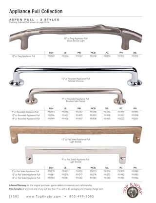 A S P E N P U L L ~ 3 S T Y L E S
Matching Cabinet Pulls shown on page 35-46
BSN LB MB MCB PC PN SBL
12" ccTwig Appliance Pull M1969 M1356 M1357 M1358 M1970 M1971 M1355
12" ccTwig Appliance Pull
Silicon Bronze Light
BSN LB MB MCB SBL PC PN
9" cc Rounded Appliance Pull M1993 M1396 M1397 M1398 M1395 M1994 M1995
12" cc Rounded Appliance Pull M1996 M1401 M1402 M1403 M1400 M1997 M1998
18" cc Rounded Appliance Pull M1999 M1406 M1407 M1408 M1405 M2000 M2001
9" cc Rounded Appliance Pull
Brushed Satin Nickel
12" cc Rounded Appliance Pull
Polished Chrome
BSN LB MB MCB SBL PC PN
9" cc Flat Sided Appliance Pull M1978 M1371 M1372 M1373 M1370 M1979 M1980
12" cc Flat Sided Appliance Pull M1981 M1376 M1377 M1378 M1375 M1982 M1983
18" cc Flat Sided Appliance Pull M1984 M1381 M1382 M1383 M1380 M1985 M1986
12" cc Flat Sided Appliance Pull
Light Bronze
9" cc Flat Sided Appliance Pull
Light Bronze
Appliance Pull Collection
[ 1 5 0 ] w w w. To p K n o b s . c o m • 8 0 0 - 4 9 9 - 9 0 9 5
Lifetime Warranty for the original purchaser against defects in materials and craftsmanship.
Free Samples of any knob and of any pull less than 7" cc, with a $5 packaging and shipping charge each.
 