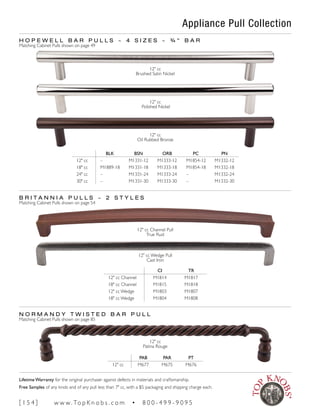 Appliance Pull Collection
H O P E W E L L B A R P U L L S ~ 4 S I Z E S ~ ¾ " B A R
Matching Cabinet Pulls shown on page 49
BLK BSN ORB PC PN
12" cc – M1331-12 M1333-12 M1854-12 M1332-12
18" cc M1889-18 M1331-18 M1333-18 M1854-18 M1332-18
24" cc – M1331-24 M1333-24 – M1332-24
30" cc – M1331-30 M1333-30 – M1332-30
12" cc
Brushed Satin Nickel
12" cc
Polished Nickel
12" cc
Oil Rubbed Bronze
B R I T A N N I A P U L L S ~ 2 S T Y L E S
Matching Cabinet Pulls shown on page 54
12" cc Wedge Pull
Cast Iron
12" cc Channel Pull
True Rust
CI TR
12" cc Channel M1814 M1817
18" cc Channel M1815 M1818
12" cc Wedge M1803 M1807
18" cc Wedge M1804 M1808
12" cc
Patina Rouge
N O R M A N D Y T W I S T E D B A R P U L L
Matching Cabinet Pulls shown on page 85
PAB PAR PT
12" cc M677 M675 M676
[ 1 5 4 ] w w w. To p K n o b s . c o m • 8 0 0 - 4 9 9 - 9 0 9 5
Lifetime Warranty for the original purchaser against defects in materials and craftsmanship.
Free Samples of any knob and of any pull less than 7" cc, with a $5 packaging and shipping charge each.
 