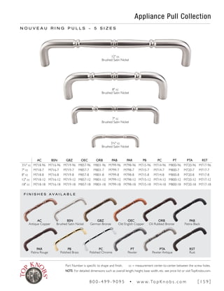F I N I S H E S A V A I L A B L E
N O U V E A U R I N G P U L L S ~ 5 S I Z E S
12" cc
Brushed Satin Nickel
AC BSN GBZ OEC ORB PAB PAR PB PC PT PTA RST
3¾" cc M718-96 M716-96 M719-96 M857-96 M801-96 M799-96 M798-96 M715-96 M714-96 M800-96 M720-96 M717-96
7" cc M718-7 M716-7 M719-7 M857-7 M801-7 M799-7 M798-7 M715-7 M714-7 M800-7 M720-7 M717-7
8" cc M718-8 M716-8 M719-8 M857-8 M801-8 M799-8 M798-8 M715-8 M714-8 M800-8 M720-8 M717-8
12" cc M718-12 M716-12 M719-12 M857-12 M801-12 M799-12 M798-12 M715-12 M714-12 M800-12 M720-12 M717-12
18" cc M718-18 M716-18 M719-18 M857-18 M801-18 M799-18 M798-18 M715-18 M714-18 M800-18 M720-18 M717-18
Appliance Pull Collection
PB
Polished Brass
BSN
Brushed Satin Nickel
PC
Polished Chrome
GBZ
German Bronze
PAR
Patina Rouge
AC
Antique Copper
RST
Rust
PAB
Patina Black
ORB
Oil Rubbed Bronze
PTA
Pewter Antique
PT
Pewter
OEC
Old English Copper
3¾" cc
Brushed Satin Nickel
7" cc
Brushed Satin Nickel
8" cc
Brushed Satin Nickel
Part Number is specific to shape and finish. cc = measurement center-to-center between the screw holes.
NOTE: For detailed dimensions such as overall length, height, base width, etc. see price list or visitTopKnobs.com.
8 0 0 - 4 9 9 - 9 0 9 5 • w w w. To p K n o b s . c o m [ 1 5 9 ]
 