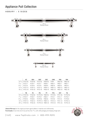Appliance Pull Collection
A S B U R Y ~ 5 S I Z E S
12" cc
Polished Nickel
AC BSN GBZ OEC ORB PAB PAR
3¾" cc M732-96 M730-96 M733-96 M858-96 M789 M803-96 M802-96
7" cc M732-7 M730-7 M733-7 M858-7 M805-7 M803-7 M802-7
8" cc M732-8 M730-8 M733-8 M858-8 M805-8 M803-8 M802-8
12" cc M732-12 M730-12 M733-12 M858-12 M805-12 M803-12 M802-12
18" cc M732-18 M730-18 M733-18 M858-18 M805-18 M803-18 M802-18
PB PC PN PT PTA RST TB
3¾" cc M729-96 M728-96 M1794-96 M804-96 M734-96 M731-96 M1792-96
7" cc M729-7 M728-7 M1794-7 M804-7 M734-7 M731-7 M1792-7
8" cc M729-8 M728-8 M1794-8 M804-8 M734-8 M731-8 M1792-8
12" cc M729-12 M728-12 M1794-12 M804-12 M734-12 M731-12 M1792-12
18" cc M729-18 M728-18 M1794-18 M804-18 M734-18 M731-18 M1792-18
3¾" cc
Polished Nickel
7" cc
Polished Nickel
8" cc
Polished Nickel
[ 1 6 4 ] w w w. To p K n o b s . c o m • 8 0 0 - 4 9 9 - 9 0 9 5
Lifetime Warranty for the original purchaser against defects in materials and craftsmanship.
Free Samples of any knob and of any pull less than 7" cc, with a $5 packaging and shipping charge each.
 
