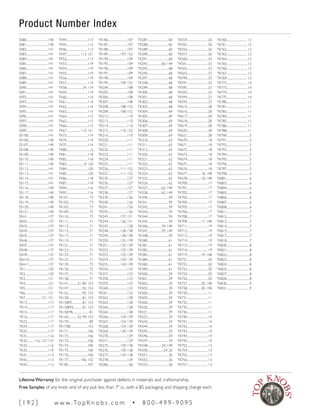 Product Number Index
[ 1 9 2 ] w w w. To p K n o b s . c o m • 8 0 0 - 4 9 9 - 9 0 9 5
Lifetime Warranty for the original purchaser against defects in materials and craftsmanship.
Free Samples of any knob and of any pull less than 7" cc, with a $5 packaging and shipping charge each.
SS80..................................140
SS81..................................140
SS82..................................141
SS83..................................141
SS84..................................141
SS85..................................141
SS86..................................141
SS87..................................141
SS88..................................141
SS89..................................141
SS90..................................141
SS91..................................141
SS92..................................141
SS93..................................141
SS94..................................141
SS95..................................141
SS96..................................141
SS97..................................141
SS98..................................141
SS99..................................141
SS100...............................141
SS106...............................140
SS107...............................140
SS108...............................140
SS109...............................140
SS110...............................140
SS111...............................140
SS112...............................141
SS113...............................141
SS114...............................141
SS115...............................141
SS116...............................140
SS117...............................140
SS118...............................140
SS119...............................140
SS120...............................140
SS121...............................140
SSH1................................137
SSH2................................137
SSH3................................137
SSH4................................137
SSH5................................137
SSH6................................137
SSH7................................137
SSH8................................137
SSH9................................137
SSH10.............................137
SSH11.............................137
TK1...................................120
TK2...................................120
TK3...................................121
TK4...................................121
TK5...................................121
TK6...................................121
TK7........................121, 151
TK13.................................117
TK14.................................117
TK15.................................117
TK16.................................117
TK23.................................117
TK24.................................117
TK25.................................117
TK31.................................116
TK32...........116, 127, 137
TK33.................................116
TK35.................................119
TK41.................................113
TK42.................................113
TK43.................................113
TK44.................................113
TK45.................................113
TK46.................................113
TK47......................113, 151
TK52.................................113
TK53.................................119
TK54.................................119
TK55.................................119
TK56.................................119
TK57.................................114
TK58.........................24, 114
TK59.................................114
TK60.................................114
TK61.................................114
TK62.................................114
TK63.................................115
TK64.................................115
TK65.................................115
TK66.................................115
TK67......................115, 151
TK73.................................114
TK74.................................114
TK75.................................114
TK80......................................6
TK81.................................118
TK82.................................118
TK83............................9, 120
TK84.................................120
TK85.................................120
TK86.................................118
TK87.................................118
TK94.................................116
TK95.................................116
TK101................................73
TK102................................73
TK103................................73
TK109................................72
TK110................................72
TK111................................71
TK113................................71
TK115................................71
TK117................................71
TK119................................71
TK121................................71
TK123................................71
TK125................................71
TK127................................71
TK129................................72
TK130................................72
TK137................................71
TK138................................71
TK141..............31, 89, 153
TK147......................92, 153
TK152......................95, 153
TK158......................81, 153
TK158PC...............81, 153
TK158PN...............81, 153
TK158TB..........................81
TK164..............32, 99, 153
TK170................................89
TK170B...........................153
TK171..............................106
TK172..............................106
TK173..............................106
TK174..............................106
TK175..............................106
TK176..............................106
TK177...................106, 152
TK185..............................107
TK186..............................107
TK187..............................107
TK188..............................107
TK189...................107, 152
TK194..............................109
TK195..............................109
TK196..............................109
TK197..............................109
TK198..............................109
TK199...................109, 152
TK204..............................108
TK205..............................108
TK206..............................108
TK207..............................108
TK208...................108, 152
TK209...................108, 152
TK212..............................110
TK213..............................110
TK214..............................110
TK215...................110, 152
TK216..............................110
TK220..............................111
TK221..............................111
TK222..............................111
TK223..............................111
TK224..............................111
TK225..............................111
TK226...................111, 152
TK227...................111, 152
TK235..............................127
TK236..............................127
TK237..............................127
TK238..............................127
TK239..............................126
TK240..............................126
TK241..............................126
TK242..............................126
TK243...................127, 151
TK244...................126, 151
TK247..............................128
TK248...................128, 138
TK249...................128, 138
TK250...................125, 139
TK251...................125, 139
TK252...................125, 139
TK253...................125, 139
TK254...................124, 139
TK255...................124, 139
TK256..............................123
TK257..............................123
TK258..............................123
TK259..............................123
TK260..............................123
TK261..............................123
TK262..............................128
TK263..............................128
TK264..............................128
TK265..............................128
TK266...................124, 139
TK267...................124, 139
TK268...................124, 139
TK269...................124, 139
TK270..............................129
TK271..............................129
TK275...................129, 138
TK276...................129, 138
TK277...................129, 138
TK278..............................129
TK286................................60
TK287................................60
TK288................................60
TK289................................60
TK290................................60
TK291................................60
TK292......................60, 149
TK295................................68
TK296................................68
TK297................................68
TK298................................68
TK299................................68
TK300................................68
TK301................................68
TK302................................68
TK303................................68
TK304................................69
TK305................................69
TK306................................69
TK307................................69
TK308................................69
TK309................................69
TK310................................65
TK311................................65
TK312................................65
TK320................................62
TK321................................62
TK322................................62
TK323................................62
TK324................................62
TK325................................62
TK326................................62
TK327......................62, 149
TK328......................62, 149
TK340................................59
TK341................................59
TK342................................59
TK343................................59
TK344................................59
TK345................................59
TK346......................59, 149
TK347......................59, 149
TK348................................59
TK380................................61
TK381................................61
TK382................................61
TK383................................61
TK384................................61
TK385................................61
TK390................................61
TK500................................29
TK501................................29
TK502................................29
TK503................................29
TK504................................29
TK505................................29
TK506................................29
TK520................................29
TK521................................29
TK522................................29
TK543................................24
TK544................................24
TK545................................24
TK546................................24
TK547................................24
TK548......................24, 149
TK550.........................24, 26
TK551................................26
TK552................................26
TK553................................26
TK554................................26
TK555................................26
TK556................................26
TK557................................26
TK560................................23
TK561................................23
TK562................................23
TK563................................23
TK590................................23
TK591................................23
TK592................................23
TK593................................23
TK594................................23
TK595................................23
TK615................................28
TK616................................28
TK617................................28
TK618................................28
TK619................................28
TK620................................28
TK621................................28
TK670................................18
TK671................................18
TK672................................18
TK673................................18
TK674................................18
TK675................................18
TK676................................18
TK677......................18, 148
TK678......................18, 148
TK700................................17
TK701................................17
TK702................................17
TK703................................17
TK704................................17
TK705................................17
TK706................................17
TK708................................17
TK709......................17, 148
TK711................................19
TK712................................19
TK713................................19
TK714................................19
TK715................................19
TK716................................19
TK719......................19, 148
TK721................................20
TK722................................20
TK723................................20
TK724................................20
TK726................................20
TK727......................20, 148
TK728......................20, 148
TK730................................11
TK731................................11
TK732................................11
TK735................................11
TK736................................11
TK740................................14
TK741................................14
TK742................................14
TK743................................14
TK744................................14
TK745................................14
TK753................................13
TK754................................13
TK755................................13
TK756................................13
TK757................................13
TK760................................12
TK761................................12
TK762................................12
TK763................................12
TK764................................12
TK765................................12
TK766................................12
TK767................................12
TK769................................12
TK772................................14
TK773................................14
TK774................................14
TK775................................14
TK780................................11
TK781................................11
TK783................................11
TK784................................11
TK785................................11
TK786................................11
TK788................................11
TK790...................................5
TK791...................................5
TK792...................................5
TK793...................................5
TK794...................................5
TK795...................................5
TK796...................................5
TK797...................................5
TK798...................................5
TK801...................................6
TK803...................................6
TK804...................................6
TK805...................................6
TK806...................................6
TK807...................................6
TK808...................................6
TK811...................................7
TK812...................................7
TK813...................................7
TK814...................................7
TK815...................................7
TK817...................................7
TK818...................................7
TK820...................................8
TK821...................................8
TK822...................................8
TK823...................................8
TK824...................................8
TK825...................................8
TK827...................................8
TK828...................................8
TK830...................................9
TK831...................................9
 