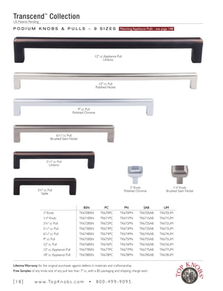 BSN PC PN SAB UM
1" Knob TK670BSN TK670PC TK670PN TK670SAB TK670UM
11
∕8" Knob TK671BSN TK671PC TK671PN TK671SAB TK671UM
33/4" cc Pull TK672BSN TK672PC TK672PN TK672SAB TK672UM
51
∕16" cc Pull TK673BSN TK673PC TK673PN TK673SAB TK673UM
65
∕16" cc Pull TK674BSN TK674PC TK674PN TK674SAB TK674UM
9" cc Pull TK675BSN TK675PC TK675PN TK675SAB TK675UM
12" cc Pull TK676BSN TK676PC TK676PN TK676SAB TK676UM
12" cc Appliance Pull TK677BSN TK677PC TK677PN TK677SAB TK677UM
18" cc Appliance Pull TK678BSN TK678PC TK678PN TK678SAB TK678UM
P O D I U M K N O B S & P U L L S ~ 9 S I Z E S Matching Appliance Pulls - see page 148
12" cc Appliance Pull
Umbrio
9" cc Pull
Polished Chrome
12" cc Pull
Polished Nickel
65
∕16" cc Pull
Brushed Satin Nickel
51
∕16" cc Pull
Umbrio
33/4" cc Pull
Sable
1" Knob
Polished Chrome
11
∕8" Knob
Brushed Satin Nickel
Transcend™
Collection
US Patents Pending
[ 1 8 ] w w w. To p K n o b s . c o m • 8 0 0 - 4 9 9 - 9 0 9 5
Lifetime Warranty for the original purchaser against defects in materials and craftsmanship.
Free Samples of any knob and of any pull less than 7" cc, with a $5 packaging and shipping charge each.
 