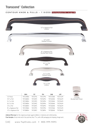 BSN PC PN SAB UM
11
∕8" Knob TK721BSN TK721PC TK721PN TK721SAB TK721UM
33/4" cc Pull TK722BSN TK722PC TK722PN TK722SAB TK722UM
51
∕16" cc Pull TK723BSN TK723PC TK723PN TK723SAB TK723UM
65
∕16" cc Pull TK724BSN TK724PC TK724PN TK724SAB TK724UM
12" cc Pull TK726BSN TK726PC TK726PN TK726SAB TK726UM
8" cc Appliance Pull TK727BSN TK727PC TK727PN TK727SAB TK727UM
12" cc Appliance Pull TK728BSN TK728PC TK728PN TK728SAB TK728UM
C O N T O U R K N O B & P U L L S ~ 7 S I Z E S Matching Appliance Pulls - see page 148
12" cc Appliance Pull
Umbrio
12" cc Pull
Polished Chrome
8" cc Appliance Pull
Brushed Satin Nickel
11
∕8" Knob
Brushed Satin Nickel
65
∕16" cc Pull
Sable
51
∕16" cc Pull
Polished Nickel
33/4" cc Pull
Umbrio
Transcend™
Collection
[ 2 0 ] w w w. To p K n o b s . c o m • 8 0 0 - 4 9 9 - 9 0 9 5
Lifetime Warranty for the original purchaser against defects in materials and craftsmanship.
Free Samples of any knob and of any pull less than 7" cc, with a $5 packaging and shipping charge each.
 