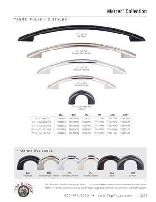 BLK BSN PC PN SAB UM
1¼“ cc U Finger Pull TK617BLK TK617BSN TK617PC TK617PN TK617SAB TK617UM
3¾” cc Cut Out Pull TK618BLK TK618BSN TK618PC TK618PN TK618SAB TK618UM
51
∕16“ cc Cut Out Pull TK619BLK TK619BSN TK619PC TK619PN TK619SAB TK619UM
65
∕16“ cc Cut Out Pull TK620BLK TK620BSN TK620PC TK620PN TK620SAB TK620UM
7½“ cc Cut Out Pull TK621BLK TK621BSN TK621PC TK621PN TK621SAB TK621UM
T A N G O P U L L S ~ 2 S T Y L E S
BLK
Flat Black
PN
Polished Nickel
BSN
Brushed Satin Nickel
SAB
Sable
PC
Polished Chrome
UM
Umbrio
F I N I S H E S A V A I L A B L E
7½ “ cc Pull
Flat Black
65
∕16 “ cc Pull
Brushed Satin Nickel
51
∕16 “ cc Pull
Polished Chrome
3¾” cc Pull
Polished Nickel
1¼“ cc U Finger Pull
Umbrio
Mercer™
Collection
Part Number is specific to shape and finish. cc = measurement center-to-center between the screw holes.
NOTE: For detailed dimensions such as overall length, height, base width, etc. see price list or visitTopKnobs.com.
8 0 0 - 4 9 9 - 9 0 9 5 • w w w. To p K n o b s . c o m [ 2 5 ]
 