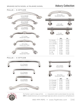B R U S H E D S AT I N N I C K E L & P O L I S H E D N I C K E L 	 Asbury Collection
P U L L S ~ 5 S T Y L E S
3¾" cc Lida
Brushed Satin Nickel
3¾" cc Bit
Polished Nickel
3¾" ccTrunk
Brushed Satin Nickel
3¾" cc Arendal
Polished Nickel
3" cc Arendal
Polished Nickel
51
∕16" cc Arendal
Polished Nickel
3¾" cc Grace
Polished Nickel
6" cc Charlotte
Polished Nickel
4" cc Charlotte
Polished Nickel
3" cc Charlotte
Polished Nickel
P U L L S ~ 4 S T Y L E S
3¾" ccVoss
Brushed Satin Nickel
51
∕16" ccVoss
Brushed Satin Nickel
BSN PN
3" cc Arendal M1692 M1693
3¾" cc Arendal M1294 M1295
51
∕16" cc Arendal M1328 M1329
3¾" ccVoss M1326 M1327
51
∕16" ccVoss M1296 M1297
3¾" ccTrunk M530 M1261
3¾" cc Lida M1290 M1291
3" cc Bit M1747 M1748
3¾" cc Bit M1288 M1289
BSN PN
3" cc Charlotte M1281 M1282
4" cc Charlotte M1279 M1280
6" cc Charlotte M1277 M1278
51
∕16" cc Saddle M1262 M1263
3¾" cc Grace M1259 M1260
3¾" cc Rue M1292 M1293
3¾" cc Rue
Brushed Satin Nickel
3" cc Bit
Polished Nickel
51
∕16" cc Saddle
Brushed Satin Nickel
Part Number is specific to shape and finish. cc = measurement center-to-center between the screw holes.
NOTE: For detailed dimensions such as overall length, height, base width, etc. see price list or visitTopKnobs.com.
8 0 0 - 4 9 9 - 9 0 9 5 • w w w. To p K n o b s . c o m [ 3 3 ]
 