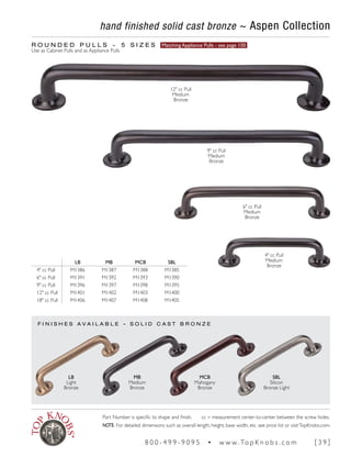SBL
Silicon
Bronze Light
LB
Light
Bronze
MCB
Mahogany
Bronze
MB
Medium
Bronze
hand finished solid cast bronze ~ Aspen Collection
R O U N D E D P U L L S ~ 5 S I Z E S Matching Appliance Pulls - see page 150
Use as Cabinet Pulls and as Appliance Pulls
F I N I S H E S A V A I L A B L E - S O L I D C A S T B R O N Z E
LB MB MCB SBL
4" cc Pull M1386 M1387 M1388 M1385
6" cc Pull M1391 M1392 M1393 M1390
9" cc Pull M1396 M1397 M1398 M1395
12" cc Pull M1401 M1402 M1403 M1400
18" cc Pull M1406 M1407 M1408 M1405
4" cc Pull
Medium
Bronze
6" cc Pull
Medium
Bronze
9" cc Pull
Medium
Bronze
12" cc Pull
Medium
Bronze
Part Number is specific to shape and finish. cc = measurement center-to-center between the screw holes.
NOTE: For detailed dimensions such as overall length, height, base width, etc. see price list or visitTopKnobs.com.
8 0 0 - 4 9 9 - 9 0 9 5 • w w w. To p K n o b s . c o m [ 3 9 ]
 