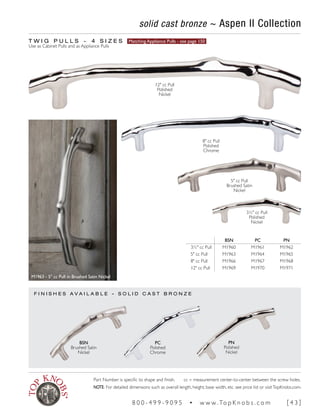 solid cast bronze ~ Aspen II Collection
T W I G P U L L S ~ 4 S I Z E S Matching Appliance Pulls - see page 150
Use as Cabinet Pulls and as Appliance Pulls
F I N I S H E S A V A I L A B L E - S O L I D C A S T B R O N Z E
BSN PC PN
3½" cc Pull M1960 M1961 M1962
5" cc Pull M1963 M1964 M1965
8" cc Pull M1966 M1967 M1968
12" cc Pull M1969 M1970 M1971
M1963 - 5" cc Pull in Brushed Satin Nickel
3½" cc Pull
Polished
Nickel
5" cc Pull
Brushed Satin
Nickel
8" cc Pull
Polished
Chrome
12" cc Pull
Polished
Nickel
PN
Polished
Nickel
PC
Polished
Chrome
BSN
Brushed Satin
Nickel
Part Number is specific to shape and finish. cc = measurement center-to-center between the screw holes.
NOTE: For detailed dimensions such as overall length, height, base width, etc. see price list or visitTopKnobs.com.
8 0 0 - 4 9 9 - 9 0 9 5 • w w w. To p K n o b s . c o m [ 4 3 ]
 