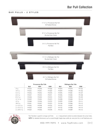 Princetonian Bar Pulls Wellington Bar Pulls
BLK BSN ORB BLK BSN ORB
3" cc M1054 M1040 M1068 M1093 M1079 M1105
3¾" cc M1055 M1041 M1069 M1094 M1080 M1106
51
∕16" cc M1056 M1042 M1070 M1095 M1081 M1107
65
∕16" cc M1057 M1043 M1071 M1096 M1082 M1108
813
∕16" cc M1058 M1044 M1072 M1097 M1083 M1109
1111
∕32" cc M1059 M1045 M1073 M1098 M1084 M1110
15" cc M1060 M1046 M1074 M1099 M1085 M1111
187
∕8" cc M1061 M1047 M1075 M1100 M1086 M1112
2 x 133
∕16" cc M1062 M1048 M1076 M1101 M1087 M1113
2 x 151
∕16" cc M1063 M1049 M1077 M1102 M1088 M1114
2 x 189
∕16" cc M1064 M1050 M1078 M1103 M1089 M1115
Bar Pull Collection
B A R P U L L S ~ 2 S T Y L E S
813
∕16" cc Princetonian Bar Pull
Brushed Satin Nickel
813
∕16" cc Wellington Bar Pull
Flat Black
1111
∕32" cc Princetonian Bar Pull
Oil Rubbed Bronze
1111
∕32" cc Wellington Bar Pull
Brushed Satin Nickel
65
∕16" cc Princetonian Bar Pull
Flat Black
65
∕16" cc Wellington Bar Pull
Oil Rubbed Bronze
Part Number is specific to shape and finish. cc = measurement center-to-center between the screw holes.
NOTE: For detailed dimensions such as overall length, height, base width, etc. see price list or visitTopKnobs.com.
8 0 0 - 4 9 9 - 9 0 9 5 • w w w. To p K n o b s . c o m [ 5 1 ]
 