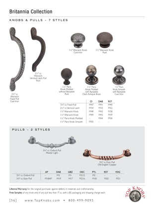 P U L L S ~ 2 S T Y L E S
3¾" cc Eton Pull
Old English Copper
3¾" cc Oxford Pull
Pewter Light
Britannia Collection
K N O B S & P U L L S ~ 7 S T Y L E S
CI DAB RST
3¾" cc Fixed Pull M47 M41 M40
2½" ccVertical Latch M34 M33 M32
1¼" Warwick Knob M48 M42 M38
1½" Warwick Knob M49 M43 M39
1¼" Paris Knob Mottled – M44 M58
1¼" Paris Knob Smooth M50 – –
1¼" Paris
Knob Mottled
with Backplate
Dark Antique Brass
1¼" Paris
Knob Mottled
without Backplate
Rust
1¼" Paris
Knob Smooth
with Backplate
Cast Iron
1½" Warwick Knob
Rust
1¼" Warwick Knob
Cast Iron
3¾" cc
Warwick
Fixed Pull
Cast Iron
2½" cc
Warwick
Vertical Latch Pull
Rust
AP DAB GBZ OEC PTL RST VDG
3¾" cc Oxford Pull – M3 M1 M215 M2 – –
3¾" cc Eton Pull M18AP M19 M17 M216 M18 M20 M21
[ 5 6 ] w w w. To p K n o b s . c o m • 8 0 0 - 4 9 9 - 9 0 9 5
Lifetime Warranty for the original purchaser against defects in materials and craftsmanship.
Free Samples of any knob and of any pull less than 7" cc, with a $5 packaging and shipping charge each.
 
