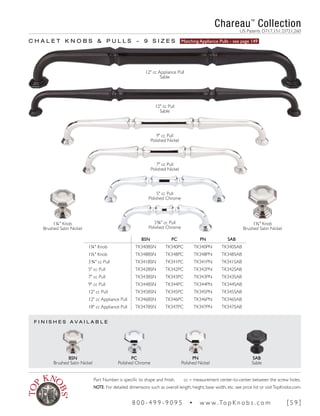 F I N I S H E S A V A I L A B L E
BSN
Brushed Satin Nickel
PC
Polished Chrome
PN
Polished Nickel
SAB
Sable
C H A L E T K N O B S & P U L L S ~ 9 S I Z E S Matching Appliance Pulls - see page 149
12" cc Pull
Sable
9" cc Pull
Polished Nickel
7" cc Pull
Polished Nickel
5" cc Pull
Polished Chrome
3¾" cc Pull
Polished Chrome
1¼" Knob
Brushed Satin Nickel
BSN PC PN SAB
1¼" Knob TK340BSN TK340PC TK340PN TK340SAB
1½" Knob TK348BSN TK348PC TK348PN TK348SAB
3¾" cc Pull TK341BSN TK341PC TK341PN TK341SAB
5" cc Pull TK342BSN TK342PC TK342PN TK342SAB
7" cc Pull TK343BSN TK343PC TK343PN TK343SAB
9" cc Pull TK344BSN TK344PC TK344PN TK344SAB
12" cc Pull TK345BSN TK345PC TK345PN TK345SAB
12" cc Appliance Pull TK346BSN TK346PC TK346PN TK346SAB
18" cc Appliance Pull TK347BSN TK347PC TK347PN TK347SAB
1½" Knob
Brushed Satin Nickel
Chareau™
Collection
US Patents D717,151; D721,260
12" cc Appliance Pull
Sable
Part Number is specific to shape and finish. cc = measurement center-to-center between the screw holes.
NOTE: For detailed dimensions such as overall length, height, base width, etc. see price list or visitTopKnobs.com.
8 0 0 - 4 9 9 - 9 0 9 5 • w w w. To p K n o b s . c o m [ 5 9 ]
 