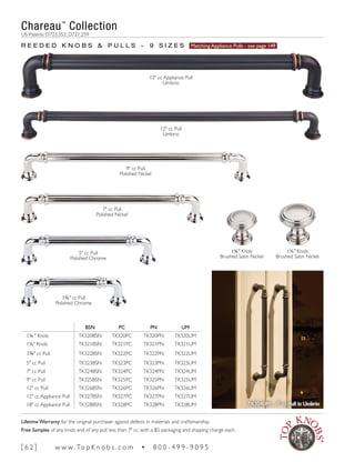 Chareau™
Collection
US Patents D723,352; D721,259
12" cc Pull
Umbrio
12" cc Appliance Pull
Umbrio
9" cc Pull
Polished Nickel
7" cc Pull
Polished Nickel
5" cc Pull
Polished Chrome
3¾" cc Pull
Polished Chrome
1½" Knob
Brushed Satin Nickel
1¼" Knob
Brushed Satin Nickel
BSN PC PN UM
1¼ " Knob TK320BSN TK320PC TK320PN TK320UM
1½" Knob TK321BSN TK321PC TK321PN TK321UM
3¾" cc Pull TK322BSN TK322PC TK322PN TK322UM
5" cc Pull TK323BSN TK323PC TK323PN TK323UM
7" cc Pull TK324BSN TK324PC TK324PN TK324UM
9" cc Pull TK325BSN TK325PC TK325PN TK325UM
12" cc Pull TK326BSN TK326PC TK326PN TK326UM
12" cc Appliance Pull TK327BSN TK327PC TK327PN TK327UM
18" cc Appliance Pull TK328BSN TK328PC TK328PN TK328UM
R E E D E D K N O B S & P U L L S ~ 9 S I Z E S Matching Appliance Pulls - see page 149
TK324UM - 7" cc Pull in Umbrio
[ 6 2 ] w w w. To p K n o b s . c o m • 8 0 0 - 4 9 9 - 9 0 9 5
Lifetime Warranty for the original purchaser against defects in materials and craftsmanship.
Free Samples of any knob and of any pull less than 7" cc, with a $5 packaging and shipping charge each.
 