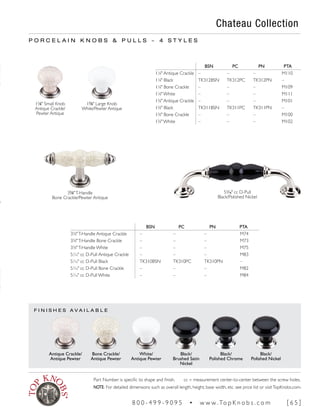 F I N I S H E S A V A I L A B L E
P O R C E L A I N K N O B S & P U L L S ~ 4 S T Y L E S
BSN PC PN PTA
33
∕8"T-Handle Antique Crackle – – – M74
33
∕8"T-Handle Bone Crackle – – – M73
33
∕8"T-Handle White – – – M75
51
∕16" cc D-Pull Antique Crackle – – – M83
51
∕16" cc D-Pull Black TK310BSN TK310PC TK310PN –
51
∕16" cc D-Pull Bone Crackle – – – M82
51
∕16" cc D-Pull White – – – M84
BSN PC PN PTA
11
∕8" Antique Crackle – – – M110
11
∕8" Black TK312BSN TK312PC TK312PN –
11
∕8" Bone Crackle – – – M109
11
∕8" White – – – M111
13
∕8" Antique Crackle – – – M101
13
∕8" Black TK311BSN TK311PC TK311PN –
13
∕8" Bone Crackle – – – M100
13
∕8" White – – – M102
11
∕8" Small Knob
Antique Crackle/
Pewter Antique
13
∕8" Large Knob
White/Pewter Antique
33
∕8"T-Handle
Bone Crackle/Pewter Antique
51
∕16" cc D-Pull
Black/Polished Nickel
Antique Crackle/
Antique Pewter
Bone Crackle/
Antique Pewter
White/
Antique Pewter
Black/
Brushed Satin
Nickel
Black/
Polished Chrome
Black/
Polished Nickel
Chateau Collection
Part Number is specific to shape and finish. cc = measurement center-to-center between the screw holes.
NOTE: For detailed dimensions such as overall length, height, base width, etc. see price list or visitTopKnobs.com.
8 0 0 - 4 9 9 - 9 0 9 5 • w w w. To p K n o b s . c o m [ 6 5 ]
 