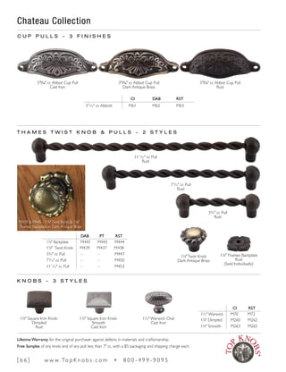 315
∕16" cc Abbot Cup Pull
Cast Iron
315
∕16" cc Abbot Cup Pull
Dark Antique Brass
315
∕16" cc Abbot Cup Pull
Rust
C U P P U L L S ~ 3 F I N I S H E S
CI DAB RST
315
∕16" cc Abbott M61 M62 M63
Chateau Collection
M439 & M445 - 13
/8"Twist Knob & 13
/8"
Thames Backplate in Dark Antique Brass
13
∕8"Twist Knob
Dark Antique Brass
T H A M E S T W I S T K N O B & P U L L S ~ 2 S T Y L E S
13
∕8"Thames Backplate
Rust
(Sold Individually)
DAB PT RST
13
∕8" Backplate M445 M443 M444
13
∕8" Twist Knob M439 M437 M438
3¾" cc Pull – – M447
79
∕16" cc Pull – – M450
1111
∕32" cc Pull – – M453
1111
∕32" cc Pull
Rust
79
∕16" cc Pull
Rust
3¾" cc Pull
Rust
1½" Warwick Oval
Cast Iron
13
∕8" Square Iron Knob-
Dimpled
Rust
13
∕8" Square Iron Knob-
Smooth
Cast Iron
K N O B S ~ 3 S T Y L E S
CI RST
1½" Warwick M70 M72
13
∕8" Dimpled M260 M262
13
∕8" Smooth M263 M265
[ 6 6 ] w w w. To p K n o b s . c o m • 8 0 0 - 4 9 9 - 9 0 9 5
Lifetime Warranty for the original purchaser against defects in materials and craftsmanship.
Free Samples of any knob and of any pull less than 7" cc, with a $5 packaging and shipping charge each.
 
