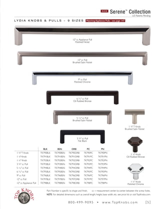 BLK BSN ORB PC PN
1 3/4"T Knob TK790BLK TK790BSN TK790ORB TK790PC TK790PN
1 1
∕8" Knob TK791BLK TK791BSN TK791ORB TK791PC TK791PN
1 1/4" Knob TK792BLK TK792BSN TK792ORB TK792PC TK792PN
3 3/4" cc Pull TK793BLK TK793BSN TK793ORB TK793PC TK793PN
5 1
∕16" cc Pull TK794BLK TK794BSN TK794ORB TK794PC TK794PN
6 5
∕16" cc Pull TK795BLK TK795BSN TK795ORB TK795PC TK795PN
9" cc Pull TK796BLK TK796BSN TK796ORB TK796PC TK796PN
12" cc Pull TK797BLK TK797BSN TK797ORB TK797PC TK797PN
12" cc Appliance Pull TK798BLK TK798BSN TK798ORB TK798PC TK798PN
L Y D I A K N O B S & P U L L S ~ 9 S I Z E S Matching Appliance Pulls - see page 147
N E W
Serene™
Collection
US Patents Pending
12" cc Appliance Pull
Polished Nickel
12" cc Pull
Brushed Satin Nickel
9" cc Pull
Polished Chrome
6 5
∕16" cc Pull
Oil Rubbed Bronze
5 1
∕16" cc Pull
Brushed Satin Nickel
3 3/4" cc Pull
Flat Black
1 3/4"T Knob
Brushed Satin Nickel
1 1
∕8" Knob
Oil Rubbed Bronze
1 1/4" Knob
Polished Chrome
Part Number is specific to shape and finish. cc = measurement center-to-center between the screw holes.
NOTE: For detailed dimensions such as overall length, height, base width, etc. see price list or visitTopKnobs.com.
8 0 0 - 4 9 9 - 9 0 9 5 • w w w. To p K n o b s . c o m [ 5 ]
 