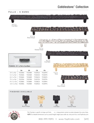 F I N I S H E S A V A I L A B L E
BA BR CB PN
3¾" cc Pull TK304BA TK304BR TK304CB TK304PN
51
∕16" cc Pull TK305BA TK305BR TK305CB TK305PN
65
∕16" cc Pull TK306BA TK306BR TK306CB TK306PN
79
∕16" cc Pull TK307BA TK307BR TK307CB TK307PN
813
∕16" cc Pull TK308BA TK308BR TK308CB TK308PN
129
∕16" cc Pull TK309BA TK309BR TK309CB TK309PN
P U L L S ~ 6 S I Z E S
129
∕16" cc
Coal Black
813
∕16" cc
Brass Antique
79
∕16" cc
Polished Nickel
65
∕16" cc
Coal Black
51
∕16" cc
Brass
3¾" cc
Brass Antique
Cobblestone™
Collection
BA
Brass Antique
BR
Brass
CB
Coal Black
PN
Polished Nickel
TK304CB - 3¾" cc Pull in Coal Black
Part Number is specific to shape and finish. cc = measurement center-to-center between the screw holes.
NOTE: For detailed dimensions such as overall length, height, base width, etc. see price list or visitTopKnobs.com.
8 0 0 - 4 9 9 - 9 0 9 5 • w w w. To p K n o b s . c o m [ 6 9 ]
 