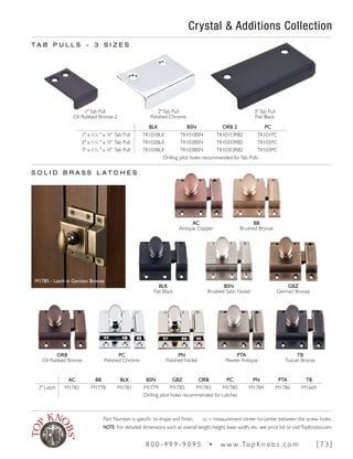 Crystal & Additions Collection
T A B P U L L S ~ 3 S I Z E S
AC BB BLK BSN GBZ ORB PC PN PTA TB
2" Latch M1782 M1778 M1781 M1779 M1785 M1783 M1780 M1784 M1786 M1669
Drilling pilot holes recommended for Latches
TB
Tuscan Bronze
PTA
Pewter Antique
PC
Polished Chrome
PN
Polished Nickel
ORB
Oil Rubbed Bronze
GBZ
German Bronze
BSN
Brushed Satin Nickel
BB
Brushed Bronze
AC
Antique Copper
BLK
Flat Black
S O L I D B R A S S L A T C H E S
BLK BSN ORB 2 PC
1" x 1½ " x 3
∕8" Tab Pull TK101BLK TK101BSN TK101ORB2 TK101PC
2" x 1½ " x 3
∕8" Tab Pull TK102BLK TK102BSN TK102ORB2 TK102PC
3" x 1½ " x 3
∕8" Tab Pull TK103BLK TK103BSN TK103ORB2 TK103PC
Drilling pilot holes recommended forTab Pulls
1"Tab Pull
Oil Rubbed Bronze 2
3"Tab Pull
Flat Black
2"Tab Pull
Polished Chrome
M1785 - Latch in German Bronze
Part Number is specific to shape and finish. cc = measurement center-to-center between the screw holes.
NOTE: For detailed dimensions such as overall length, height, base width, etc. see price list or visitTopKnobs.com.
8 0 0 - 4 9 9 - 9 0 9 5 • w w w. To p K n o b s . c o m [ 7 3 ]
 