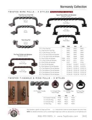Normandy Collection
T W I S T E D W I R E P U L L S ~ 4 S T Y L E S Matching Appliance Pulls - see page 156
T W I S T E D T - H A N D L E & R I N G P U L L S ~ 3 S T Y L E S
Twist Drop Pull
3¾" cc
Pewter
13
∕16" Smooth Ring
Patina Rouge
19
∕16" Smooth Ring
Pewter
13
∕8"Twist Ring
Patina Black
33
∕16"TwistedT-Handle
Pewter
4 ¾" cc
Pewter
4" cc
Pewter
Fixed Norman Crest Pulls
35
∕32" cc
Patina Rouge
Thin Twist D-Pulls with Backplate
Backplate optional
6" cc
Patina Black
3¾" cc
Patina Black
3" cc
Patina Black
Square Twist D-Pulls with Backplate
Backplate optional
M738 - 33
/16"TwistedT-Handle
in Patina Rouge
315
∕16" cc
Patina Rouge
ORB PAB PAR PT
3¾" ccTwist Drop Pull – M644 M642 M643
4" cc Fixed Norman Crest Pulls – M692 M690 M691
4¾" cc Fixed Norman Crest Pulls – M695 M693 M694
35
∕32" ccThinTwist D-Pulls with Backplate – M647 M645 M646
315
∕16" ccThinTwist D-Pulls with Backplate – M650 M648 M649
3" ccTwist D-Pulls with Backplate M783 M710 M708 M709
3¾" ccTwist D-Pulls with Backplate M784 M713 M711 M712
6" ccTwist D-Pulls with Backplate – M737 M735 M736
7" ccTwist Pull with Backplate – M1246-7 M1245-7 M1247-7
8" ccTwist Appliance Pull with Backplate – M1246-8 M1245-8 M1247-8
12" ccTwist Appliance Pull with Backplate – M1246-12 M1245-12 M1247-12
18" ccTwist Appliance Pull with Backplate – M1246-18 M1245-18 M1247-18
24" ccTwist Appliance Pull with Backplate – M1246-24 M1245-24 M1247-24
30" ccTwist Appliance Pull with Backplate – M1246-30 M1245-30 M1247-30
PAB PAR PT
33
∕16"TwistedT-Handle M740 M738 M739
13
∕16" Smooth Ring M635 M633 M634
19
∕16" Smooth Ring M638 M636 M637
13
∕8"Twist Ring M641 M639 M640
Part Number is specific to shape and finish. cc = measurement center-to-center between the screw holes.
NOTE: For detailed dimensions such as overall length, height, base width, etc. see price list or visitTopKnobs.com.
8 0 0 - 4 9 9 - 9 0 9 5 • w w w. To p K n o b s . c o m [ 8 3 ]
 