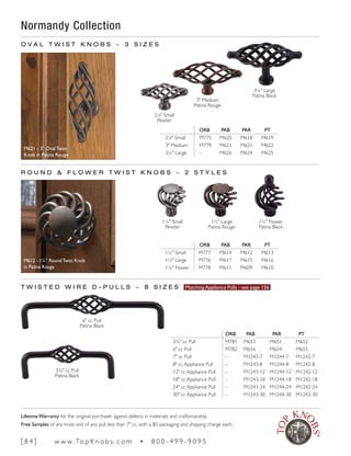 21
∕8" Small
Pewter
3" Medium
Patina Rouge
3¼" Large
Patina Black
M621 - 3" OvalTwist
Knob in Patina Rouge
Normandy Collection
M612 - 1¼" RoundTwist Knob
in Patina Rouge
1¼" Small
Pewter
1½" Large
Patina Rouge
1¼" Flower
Patina Black
3¾" cc Pull
Patina Black
6" cc Pull
Patina Black
O V A L T W I S T K N O B S ~ 3 S I Z E S
R O U N D & F L O W E R T W I S T K N O B S ~ 2 S T Y L E S
ORB PAB PAR PT
21
∕8" Small M775 M620 M618 M619
3" Medium M779 M623 M621 M622
3¼" Large – M626 M624 M625
ORB PAB PAR PT
1¼" Small M777 M614 M612 M613
1½" Large M776 M617 M615 M616
1¼" Flower M778 M611 M609 M610
T W I S T E D W I R E D - P U L L S ~ 8 S I Z E S Matching Appliance Pulls - see page 156
ORB PAB PAR PT
3¾" cc Pull M781 M653 M651 M652
6" cc Pull M782 M656 M654 M655
7" cc Pull – M1243-7 M1244-7 M1242-7
8" cc Appliance Pull – M1243-8 M1244-8 M1242-8
12" cc Appliance Pull – M1243-12 M1244-12 M1242-12
18" cc Appliance Pull – M1243-18 M1244-18 M1242-18
24" cc Appliance Pull – M1243-24 M1244-24 M1242-24
30" cc Appliance Pull – M1243-30 M1244-30 M1242-30
[ 8 4 ] w w w. To p K n o b s . c o m • 8 0 0 - 4 9 9 - 9 0 9 5
Lifetime Warranty for the original purchaser against defects in materials and craftsmanship.
Free Samples of any knob and of any pull less than 7" cc, with a $5 packaging and shipping charge each.
 