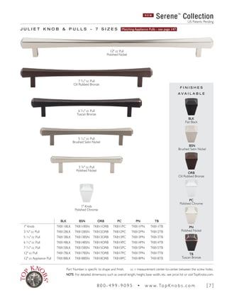 BLK BSN ORB PC PN TB
1" Knob TK811BLK TK811BSN TK811ORB TK811PC TK811PN TK811TB
3 3/4" cc Pull TK812BLK TK812BSN TK812ORB TK812PC TK812PN TK812TB
5 1
∕16" cc Pull TK813BLK TK813BSN TK813ORB TK813PC TK813PN TK813TB
6 5
∕16" cc Pull TK814BLK TK814BSN TK814ORB TK814PC TK814PN TK814TB
7 9
∕16" cc Pull TK815BLK TK815BSN TK815ORB TK815PC TK815PN TK815TB
12" cc Pull TK817BLK TK817BSN TK817ORB TK817PC TK817PN TK817TB
12" cc Appliance Pull TK818BLK TK818BSN TK818ORB TK818PC TK818PN TK818TB
J U L I E T K N O B & P U L L S ~ 7 S I Z E S Matching Appliance Pulls - see page 147
N E W
Serene™
Collection
US Patents Pending
3 3/4" cc Pull
Polished Nickel
1" Knob
Polished Chrome
5 1
∕16" cc Pull
Brushed Satin Nickel
6 5
∕16" cc Pull
Tuscan Bronze
F I N I S H E S
A V A I L A B L E
PN
Polished Nickel
BSN
Brushed Satin Nickel
ORB
Oil Rubbed Bronze
BLK
Flat Black
PC
Polished Chrome
TB
Tuscan Bronze
7 9
∕16" cc Pull
Oil Rubbed Bronze
12" cc Pull
Polished Nickel
Part Number is specific to shape and finish. cc = measurement center-to-center between the screw holes.
NOTE: For detailed dimensions such as overall length, height, base width, etc. see price list or visitTopKnobs.com.
8 0 0 - 4 9 9 - 9 0 9 5 • w w w. To p K n o b s . c o m [ 7 ]
 