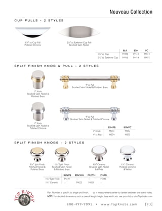 S P L I T F I N I S H K N O B & P U L L ~ 2 S T Y L E S
1" Knob
Brushed Satin Nickel &
Polished Brass
4" cc Pull
Brushed Satin Nickel & Polished Brass
1" Knob
Brushed Satin Nickel &
Polished Chrome BSN/PB BSN/PC
1" Knob M341 M342
4" cc Pull M374 M375
BSN/PB BSN/WH PC/WH PN/PB
1¼" Split Finish M339 – – M340
1¼" Ceramic – M422 M421 –
1¼" Split Finish
Brushed Satin Nickel
& Polished Brass
1¼" Split Finish
Polished Nickel &
Polished Brass
1¼" Ceramic
Polished Chrome
& White
1¼" Ceramic
Brushed Satin Nickel
& White
S P L I T F I N I S H K N O B S ~ 2 S T Y L E S
4" cc Pull
Brushed Satin Nickel & Polished Chrome
1¼" cc Cup Pull
Polished Chrome
BLK BSN PC
1¼" cc Cup M498 M412 M413
2½" cc Eyebrow Cup M416 M414 M415
C U P P U L L S ~ 2 S T Y L E S
2½" cc Eyebrow Cup Pull
Brushed Satin Nickel
Nouveau Collection
Part Number is specific to shape and finish. cc = measurement center-to-center between the screw holes.
NOTE: For detailed dimensions such as overall length, height, base width, etc. see price list or visitTopKnobs.com.
8 0 0 - 4 9 9 - 9 0 9 5 • w w w. To p K n o b s . c o m [ 9 3 ]
 