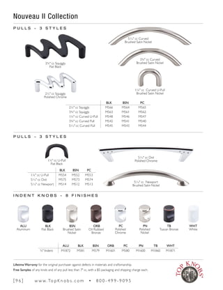 51
∕16" cc Dot
Polished Chrome
51
∕16" cc Newport
Brushed Satin Nickel
P U L L S ~ 3 S T Y L E S
Nouveau II Collection
1¼" cc U-Pull
Flat Black
51
∕16" cc Curved
Brushed Satin Nickel
3¾" cc Curved
Brushed Satin Nickel
I N D E N T K N O B S ~ 8 F I N I S H E S
P U L L S ~ 3 S T Y L E S
1¼" cc Curved U-Pull
Brushed Satin Nickel
BLK BSN PC
2½" cc Squiggly M566 M564 M565
3¾" cc Squiggly M563 M561 M562
1¼" cc Curved U-Pull M548 M546 M547
3¾" cc Curved Pull M542 M541 M540
51
∕16" cc Curved Pull M545 M543 M544
2½" cc Squiggly
Polished Chrome
3¾" cc Squiggly
Flat Black
ALU BLK BSN ORB PC PN TB WHT
¾" Indent M1872 M581 M579 M1601 M580 M1600 M1860 M1871
PN
Polished
Nickel
PC
Polished
Chrome
ORB
Oil Rubbed
Bronze
BSN
Brushed Satin
Nickel
BLK
Flat Black
ALU
Aluminum
TB
Tuscan Bronze
WHT
White
BLK BSN PC
1¼" cc U-Pull M554 M552 M553
51
∕16" cc Dot M575 M573 M574
51
∕16" cc Newport M514 M512 M513
[ 9 6 ] w w w. To p K n o b s . c o m • 8 0 0 - 4 9 9 - 9 0 9 5
Lifetime Warranty for the original purchaser against defects in materials and craftsmanship.
Free Samples of any knob and of any pull less than 7" cc, with a $5 packaging and shipping charge each.
 