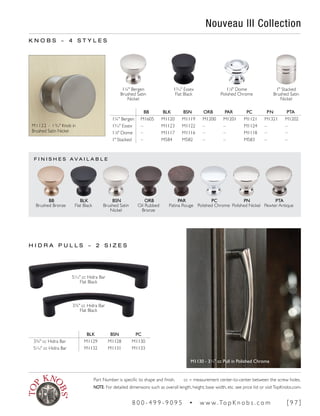 F I N I S H E S A V A I L A B L E
Nouveau III Collection
K N O B S ~ 4 S T Y L E S
H I D R A P U L L S ~ 2 S I Z E S
M1122 - 13
/16" Knob in
Brushed Satin Nickel
1" Stacked
Brushed Satin
Nickel
PTA
Pewter Antique
PN
Polished Nickel
PC
Polished Chrome
PAR
Patina Rouge
ORB
Oil Rubbed
Bronze
BSN
Brushed Satin
Nickel
BLK
Flat Black
BB
Brushed Bronze
BB BLK BSN ORB PAR PC PN PTA
1¼" Bergen M1605 M1120 M1119 M1200 M1201 M1121 M1321 M1202
13
∕16" Essex – M1123 M1122 – – M1124 – –
11
∕8" Dome – M1117 M1116 – – M1118 – –
1" Stacked – M584 M582 – – M583 – –
1¼" Bergen
Brushed Satin
Nickel
11
∕8" Dome
Polished Chrome
13
∕16" Essex
Flat Black
3¾" cc Hidra Bar
Flat Black
51
∕16" cc Hidra Bar
Flat Black
BLK BSN PC
3¾" cc Hidra Bar M1129 M1128 M1130
51
∕16" cc Hidra Bar M1132 M1131 M1133
M1130 - 3¾" cc Pull in Polished Chrome
Part Number is specific to shape and finish. cc = measurement center-to-center between the screw holes.
NOTE: For detailed dimensions such as overall length, height, base width, etc. see price list or visitTopKnobs.com.
8 0 0 - 4 9 9 - 9 0 9 5 • w w w. To p K n o b s . c o m [ 9 7 ]
 