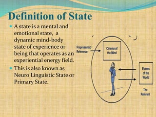 Definition of State
 A state is a mental and
emotional state, a
dynamic mind-body
state of experience or
being that operates as an
experiential energy field.
 This is also known as
Neuro Linguistic State or
Primary State.
 