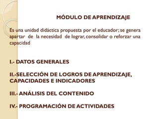 MÓDULO DE APRENDIZAJE

Es una unidad didáctica propuesta por el educador; se genera
apartar de la necesidad de lograr, consolidar o reforzar una
capacidad


I.- DATOS GENERALES

II.-SELECCIÓN DE LOGROS DE APRENDIZAJE,
CAPACIDADES E INDICADORES

III.- ANÁLISIS DEL CONTENIDO

IV.- PROGRAMACIÓN DE ACTIVIDADES
 