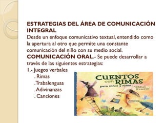 ESTRATEGIAS DEL ÁREA DE COMUNICACIÓN
INTEGRAL
Desde un enfoque comunicativo textual, entendido como
la apertura al otro que permite una constante
comunicación del niño con su medio social.
COMUNICACIÓN ORAL.- Se puede desarrollar a
través de las siguientes estrategias:
1.- Juegos verbales
    . Rimas
    .Trabalenguas
    . Adivinanzas
    . Canciones
 