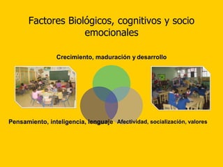 Factores Biológicos, cognitivos y socio
                    emocionales

                 Crecimiento, maduración y desarrollo




Pensamiento, inteligencia, lenguaje Afectividad, socialización, valores
 