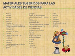 MATERIALES SUGERIDOS PARA LAS
ACTIVIDADES DE CIENCIAS:
   Armario                           jeringas,                           frutos,
   alcohol                           lentes de distinto grosor,          semillas,
   algodón                            cóncavos, convexos y planos,         bulbos,
   alfileres,                        lupa,                                herbario,
   balanza,                          microscopio,                        insectario,
    basurero,                        papel secante,                       limaduras de hierro,
   cajas con divisiones que           recipientes plásticos variados,     piedras,
    permitan guardar elementos        red para cazar insectos,            plomada,
    clasificados,                     red para pescar,
    calentador,                      regadera, termómetro,
   campana de vidrio,                terrario
   corchos,                           tijeras,
   cucharas de metal y de            trapos y esponjas,
    madera,                           tubos de ensayo,
    cuchillos,                       aceites,
    embu-do,                         arcilla,
   fósforos,                         arena,
   frascos variados en cuanto a       bencina,
    forma y tamaño,
   gotero,                            fornicario,
 