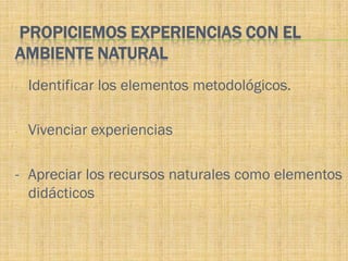 PROPICIEMOS EXPERIENCIAS CON EL
AMBIENTE NATURAL
-   Identificar los elementos metodológicos.

-   Vivenciar experiencias

- Apreciar los recursos naturales como elementos
  didácticos
 