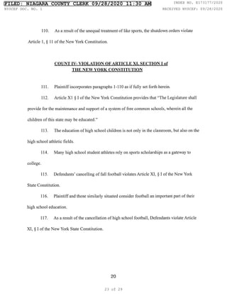 110. As a result of the unequal treatment of like sports, the shutdown orders violate
Article 1, § 11 of the New York Cons...