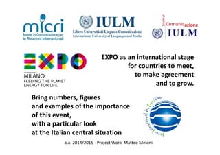EXPO as an international stage
for countries to meet,
to make agreement
and to grow.
Bring numbers, figures
and examples of the importance
of this event,
with a particular look
at the Italian central situation
a.a. 2014/2015 - Project Work Matteo Meloni
 