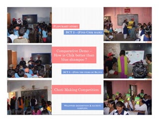 FLIPCHART STORY
Comparative Demo –
How is Chik better than
blue shampoo ?
Choti Making Competition
BCT 2 – (FIND CHIK HAIR)
BCT 3 – (FIND THE ITEMS OF RE.1/-)
WRAPPERS REDEMPTION & SACHETS
SAMPLING
 