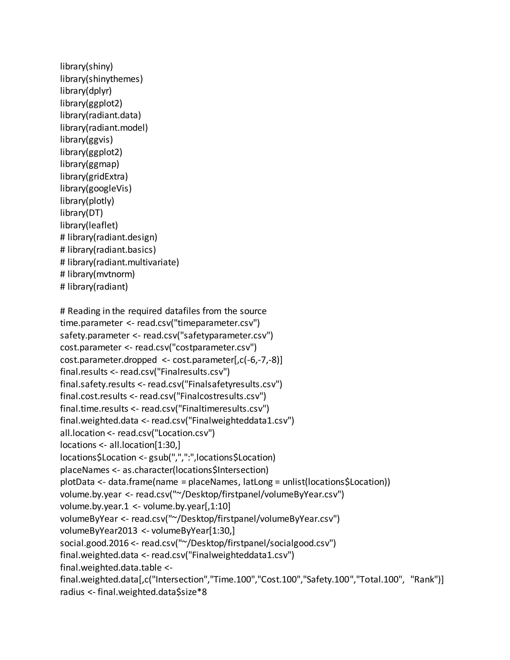 library(shiny)
library(shinythemes)
library(dplyr)
library(ggplot2)
library(radiant.data)
library(radiant.model)
library(ggvis)
library(ggplot2)
library(ggmap)
library(gridExtra)
library(googleVis)
library(plotly)
library(DT)
library(leaflet)
# library(radiant.design)
# library(radiant.basics)
# library(radiant.multivariate)
# library(mvtnorm)
# library(radiant)
# Reading in the required datafiles from the source
time.parameter <- read.csv("timeparameter.csv")
safety.parameter <- read.csv("safetyparameter.csv")
cost.parameter <- read.csv("costparameter.csv")
cost.parameter.dropped <- cost.parameter[,c(-6,-7,-8)]
final.results <- read.csv("Finalresults.csv")
final.safety.results <- read.csv("Finalsafetyresults.csv")
final.cost.results <- read.csv("Finalcostresults.csv")
final.time.results <- read.csv("Finaltimeresults.csv")
final.weighted.data <- read.csv("Finalweighteddata1.csv")
all.location <- read.csv("Location.csv")
locations <- all.location[1:30,]
locations$Location <- gsub(",",":",locations$Location)
placeNames <- as.character(locations$Intersection)
plotData <- data.frame(name = placeNames, latLong = unlist(locations$Location))
volume.by.year <- read.csv("~/Desktop/firstpanel/volumeByYear.csv")
volume.by.year.1 <- volume.by.year[,1:10]
volumeByYear <- read.csv("~/Desktop/firstpanel/volumeByYear.csv")
volumeByYear2013 <- volumeByYear[1:30,]
social.good.2016 <- read.csv("~/Desktop/firstpanel/socialgood.csv")
final.weighted.data <- read.csv("Finalweighteddata1.csv")
final.weighted.data.table <-
final.weighted.data[,c("Intersection","Time.100","Cost.100","Safety.100","Total.100", "Rank")]
radius <- final.weighted.data$size*8
 