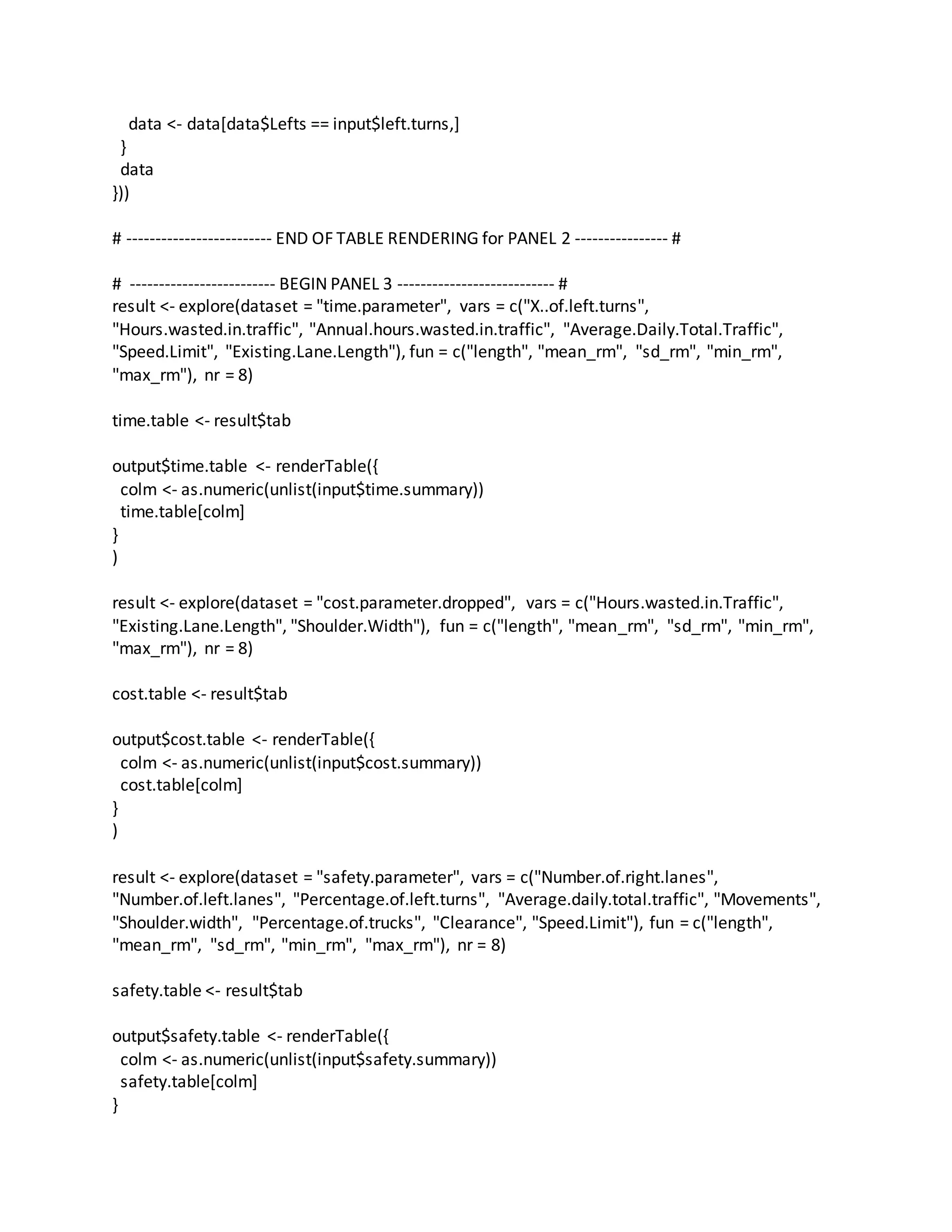 data <- data[data$Lefts == input$left.turns,]
}
data
}))
# ------------------------- END OF TABLE RENDERING for PANEL 2 ---------------- #
# ------------------------- BEGIN PANEL 3 --------------------------- #
result <- explore(dataset = "time.parameter", vars = c("X..of.left.turns",
"Hours.wasted.in.traffic", "Annual.hours.wasted.in.traffic", "Average.Daily.Total.Traffic",
"Speed.Limit", "Existing.Lane.Length"), fun = c("length", "mean_rm", "sd_rm", "min_rm",
"max_rm"), nr = 8)
time.table <- result$tab
output$time.table <- renderTable({
colm <- as.numeric(unlist(input$time.summary))
time.table[colm]
}
)
result <- explore(dataset = "cost.parameter.dropped", vars = c("Hours.wasted.in.Traffic",
"Existing.Lane.Length", "Shoulder.Width"), fun = c("length", "mean_rm", "sd_rm", "min_rm",
"max_rm"), nr = 8)
cost.table <- result$tab
output$cost.table <- renderTable({
colm <- as.numeric(unlist(input$cost.summary))
cost.table[colm]
}
)
result <- explore(dataset = "safety.parameter", vars = c("Number.of.right.lanes",
"Number.of.left.lanes", "Percentage.of.left.turns", "Average.daily.total.traffic", "Movements",
"Shoulder.width", "Percentage.of.trucks", "Clearance", "Speed.Limit"), fun = c("length",
"mean_rm", "sd_rm", "min_rm", "max_rm"), nr = 8)
safety.table <- result$tab
output$safety.table <- renderTable({
colm <- as.numeric(unlist(input$safety.summary))
safety.table[colm]
}
 