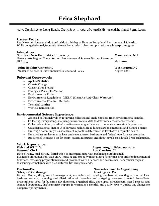 Entry level Environmental Scientist Resume Entry level Environmental Scientist Resume