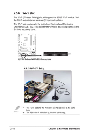 2.5.6 Wi-Fi slot
   The Wi-Fi (Wireless Fidelity) slot will support the ASUS Wi-Fi module. Visit
   the ASUS website (www....