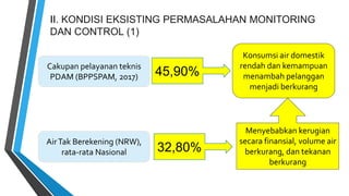 II. KONDISI EKSISTING PERMASALAHAN MONITORING
DAN CONTROL (1)
Cakupan pelayanan teknis
PDAM (BPPSPAM, 2017)
AirTak Berekening (NRW),
rata-rata Nasional
45,90%
32,80%
Menyebabkan kerugian
secara finansial, volume air
berkurang, dan tekanan
berkurang
Konsumsi air domestik
rendah dan kemampuan
menambah pelanggan
menjadi berkurang
 