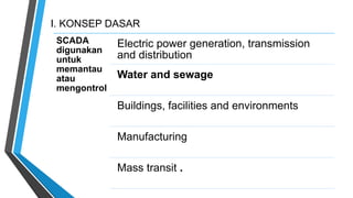 I. KONSEP DASAR
SCADA
digunakan
untuk
memantau
atau
mengontrol
Electric power generation, transmission
and distribution
Water and sewage
Buildings, facilities and environments
Manufacturing
Mass transit .
 