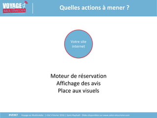 #VEM7 Voyage en Multimédia | 4 & 5 Février 2016 | Saint-Raphaël - Slides disponibles sur www.salon-etourisme.com
Quelles actions à mener ?
Votre site
internet
Moteur de réservation
Affichage des avis
Place aux visuels
 