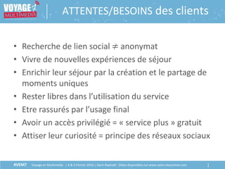 #VEM7 Voyage en Multimédia | 4 & 5 Février 2016 | Saint-Raphaël - Slides disponibles sur www.salon-etourisme.com
• Recherche de lien social ≠ anonymat
• Vivre de nouvelles expériences de séjour
• Enrichir leur séjour par la création et le partage de
moments uniques
• Rester libres dans l’utilisation du service
• Etre rassurés par l’usage final
• Avoir un accès privilégié = « service plus » gratuit
• Attiser leur curiosité = principe des réseaux sociaux
1#VEM7 Voyage en Multimédia | 4 & 5 Février 2016 | Saint-Raphaël - Slides disponibles sur www.salon-etourisme.com
ATTENTES/BESOINS des clients
 