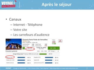 #VEM7 Voyage en Multimédia | 4 & 5 Février 2016 | Saint-Raphaël - Slides disponibles sur www.salon-etourisme.com
• Canaux
– Internet - Téléphone
– Votre site
– Les carrefours d’audience
2#VEM7 Voyage en Multimédia | 4 & 5 Février 2016 | Saint-Raphaël - Slides disponibles sur www.salon-etourisme.com
Après le séjour
 